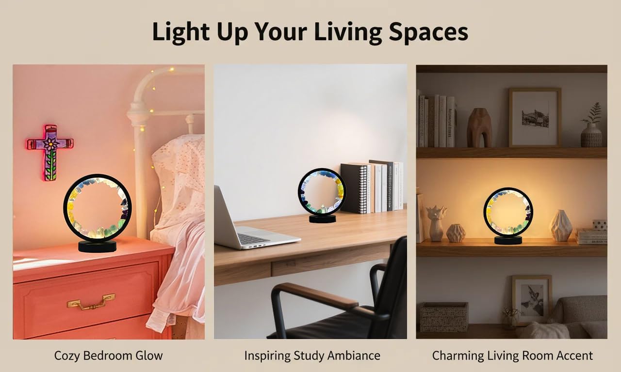 AMOYSTONE Natural Chakra Crystal Night Light with USB, Mixed Stones Round Meditation Lamp with 3-Color Control for Bedroom, Office & Home Decor (Push Button Switch)
