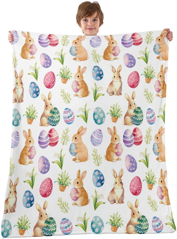 Manfei Happy Easter Flannel Blanket Cute Rabbit Colorful Egg Throw Blanket Watercolor Flower Leaf Cozy Throws for Bed Couch Sofa,Kids Boys Girls Room Decor,Soft and Breathable(30 x 40 Inches)