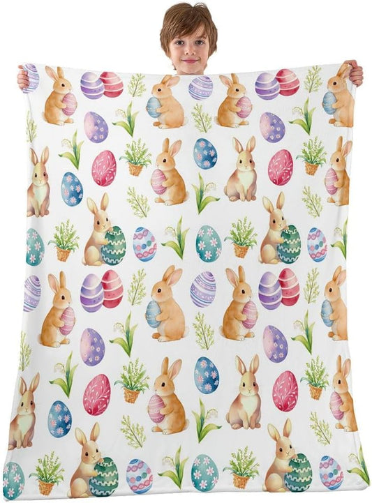 Manfei Happy Easter Flannel Blanket Cute Rabbit Colorful Egg Throw Blanket Watercolor Flower Leaf Cozy Throws for Bed Couch Sofa,Kids Boys Girls Room Decor,Soft and Breathable(30 x 40 Inches)