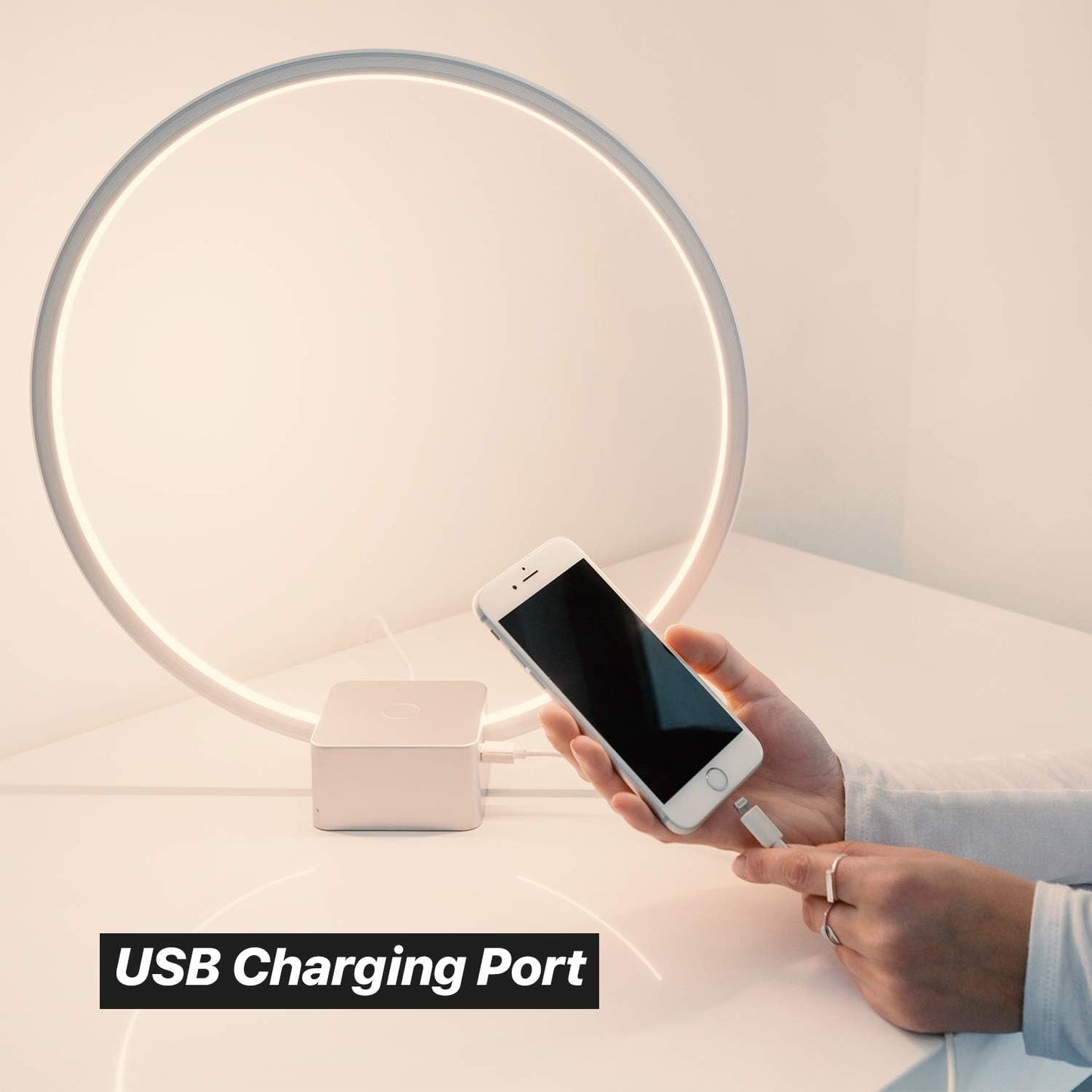 Brightech Circle LED Nightstand Lamp with USB Port – Compact Bed Stand Lamp for Bedroom, Living Room - Modern Asian Table & Desk Lamp on Side & End Tables - Titanium Sliver