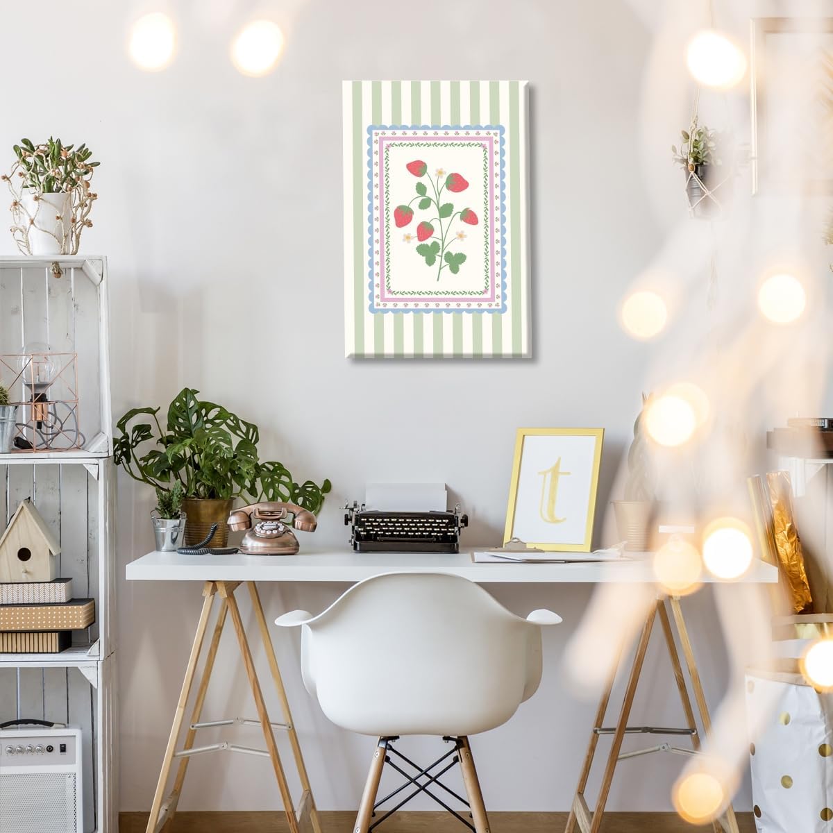 Cute Strawberry Wall Art Vintage Botanical Canvas Poster Farmhouse Soft Pastel Colors Striped Strawberry Print for Kitchen Dining Room Nursery Cottagecore Aesthetic Home Decor 12x18inch Unframed