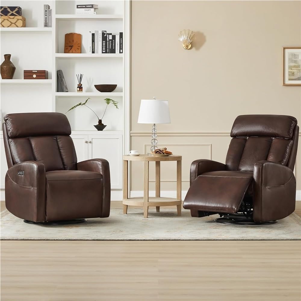 Electric Swivel Recliner Chair with 270 Degree Rotation Adjustable Headrest Lumbar Support Brown Leather Upholstered Nursery Rocking Reclining Sofa for Living Room