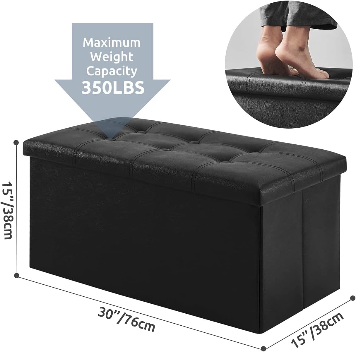 YOUDENOVA Folding Storage Ottoman, Faux Leather Ottoman Bench Footrest Ottoman, Storage Chest Padded Seat for Bedroom and Living Room, Black, 15" D x 30" W x 15" H