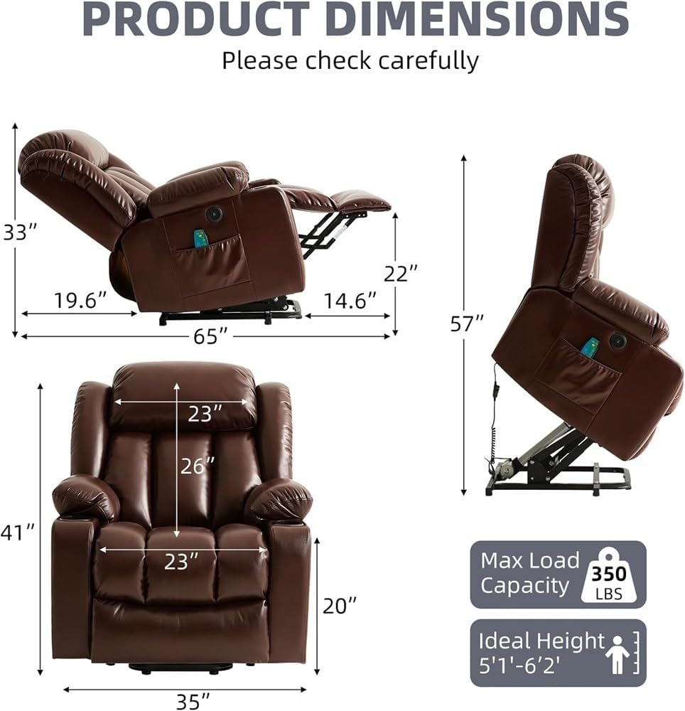 Brown Power Lift Recliner Chair, Heavy Duty Electric Sofa with Heat Massage, PU Leather Reclining Seat with Remote Control, Cup Holders, USB Port, Adjustable Backrest