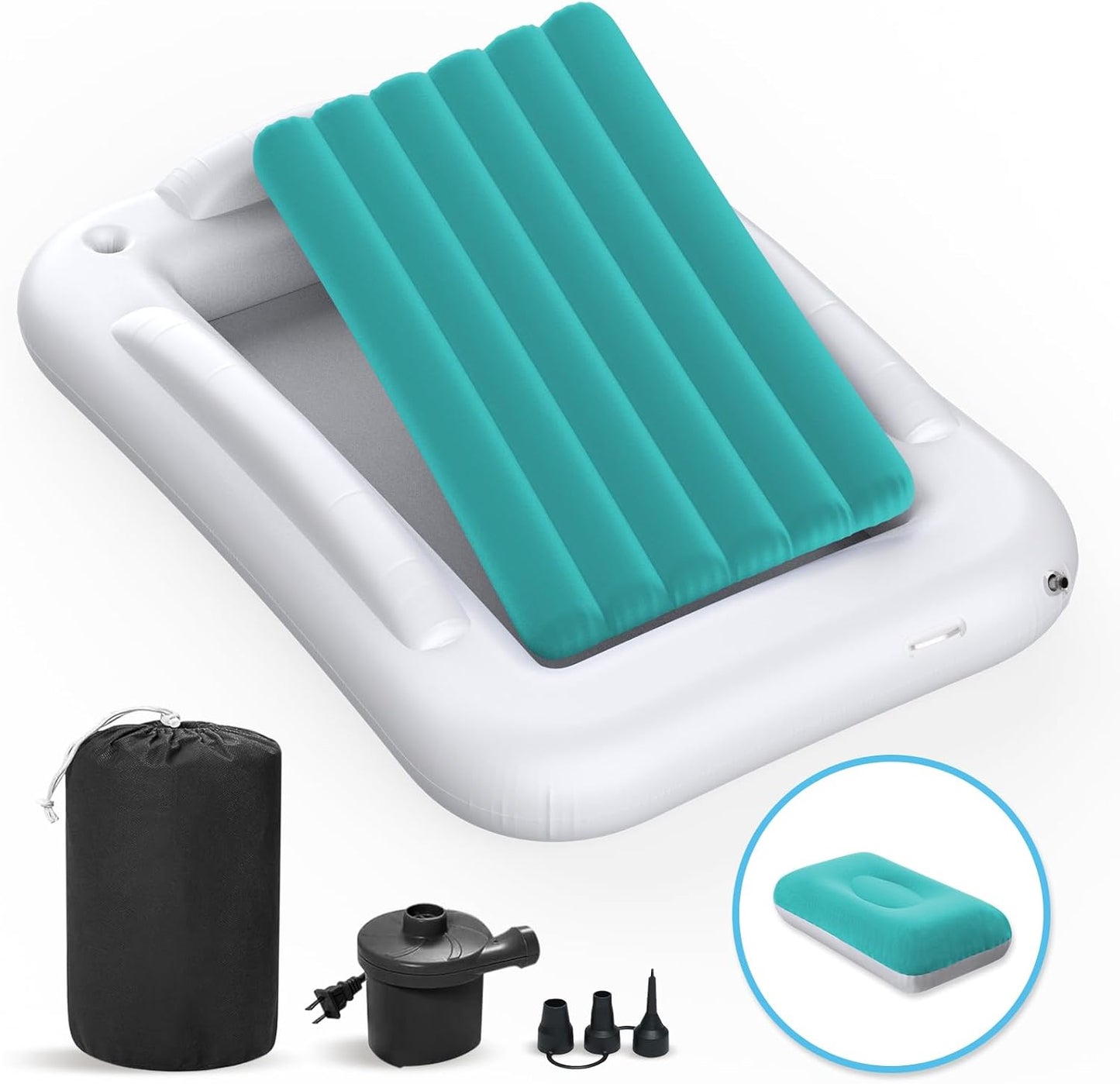 Inflatable Toddler Travel Bed - 60 Inches Portable Toddler Bed for Travel with Safety Sides - Cozy Kids Air Mattress Set with High-Speed Pump & Carry Case - Easy to Inflate(Teal Blue)