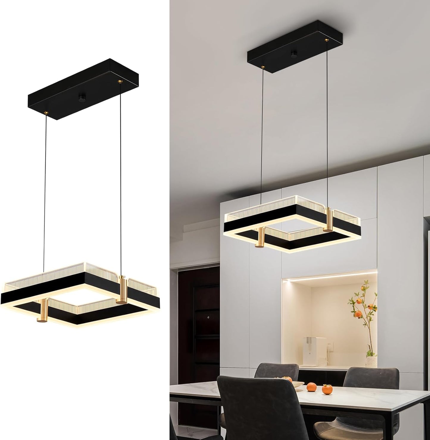 Modern LED Chandelier with Remote Control 1 Ring Dimmable 3 Color Black Gold Adjustable Pendant Light Square Chandelier Dining Light Fixture for Kitchen Bedroom Ceiling Hanging（1-Pack）