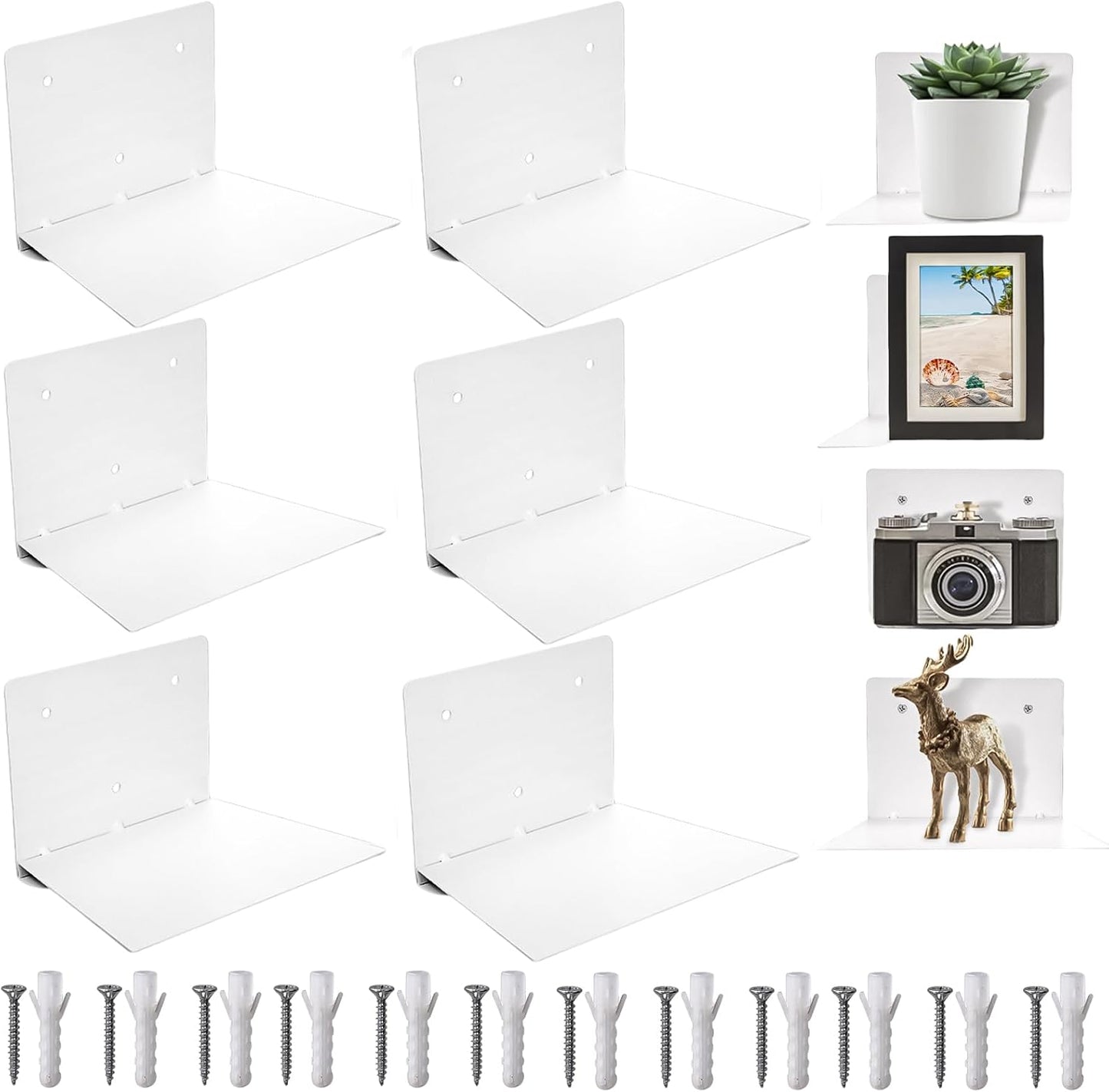Hiceeden 6 Pack Floating Bookshelves for Wall, Invisible Floating Book Shelf Hidden Bookshelf, Metal Wall Mounted Heavy-Duty Book Holder for Bedroom, Living Room, White
