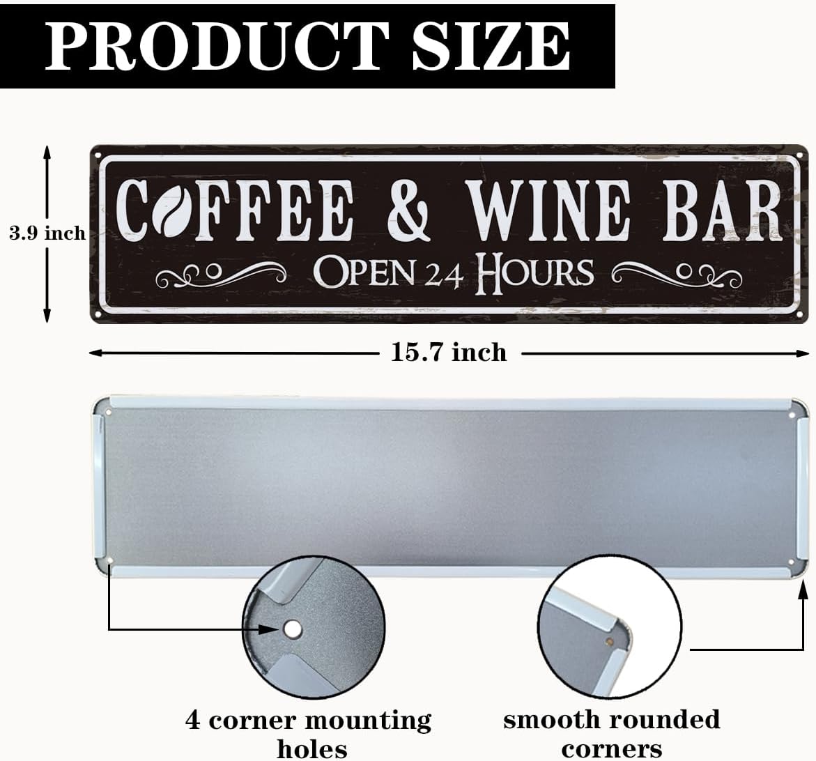 Coffee and Wine Bar Decor, Coffee & Wine Bar Open 24 Hours Sign, Retro Metal Tin Sign, Rustic Farmhouse Wall Decoration, Vintage Home Decor for Kitchen, Coffees Station Decors, 15.8x4 Inches