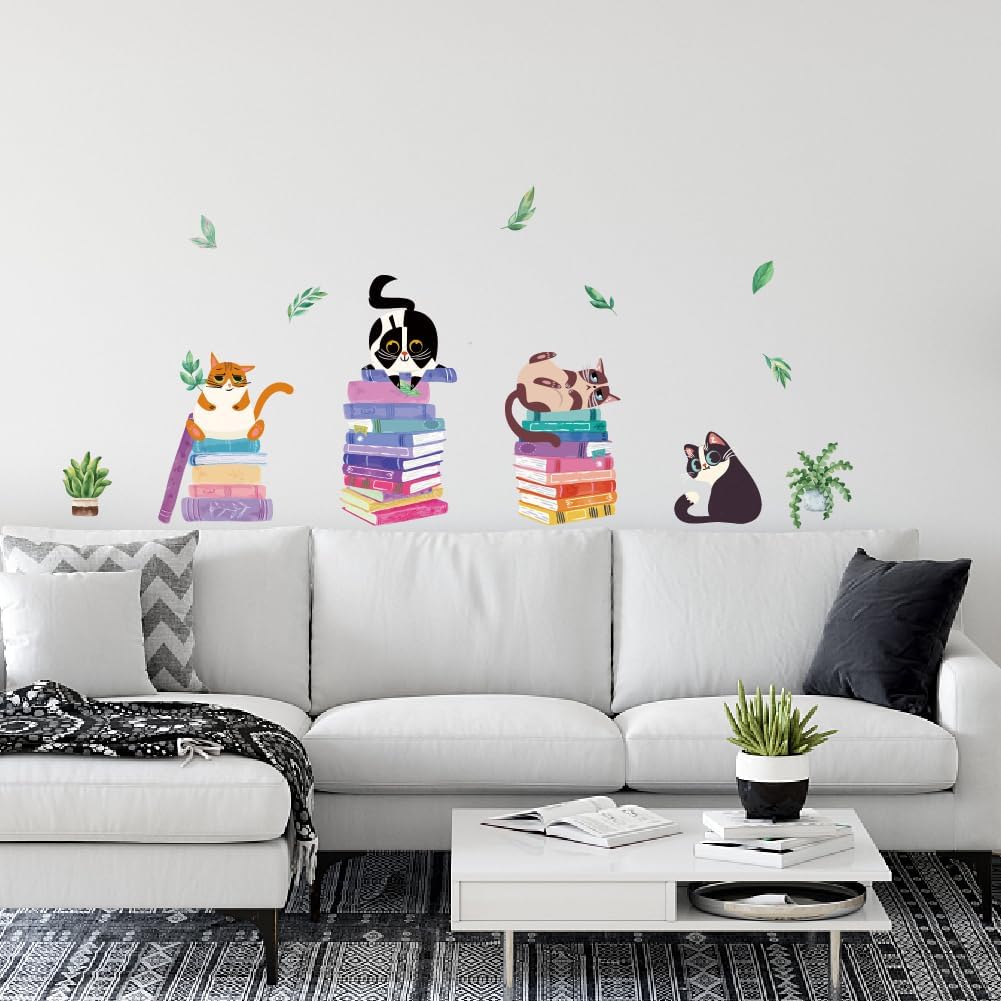 SUPERDANT Cats Reading Wall Sticker Book Plants Wall Decal Peel and Stick Classroom Vinyl Art Decals Cat Kitty Nursery Decor for Kid's Room Bedroom Livingroom Study Room Decoration Back to School