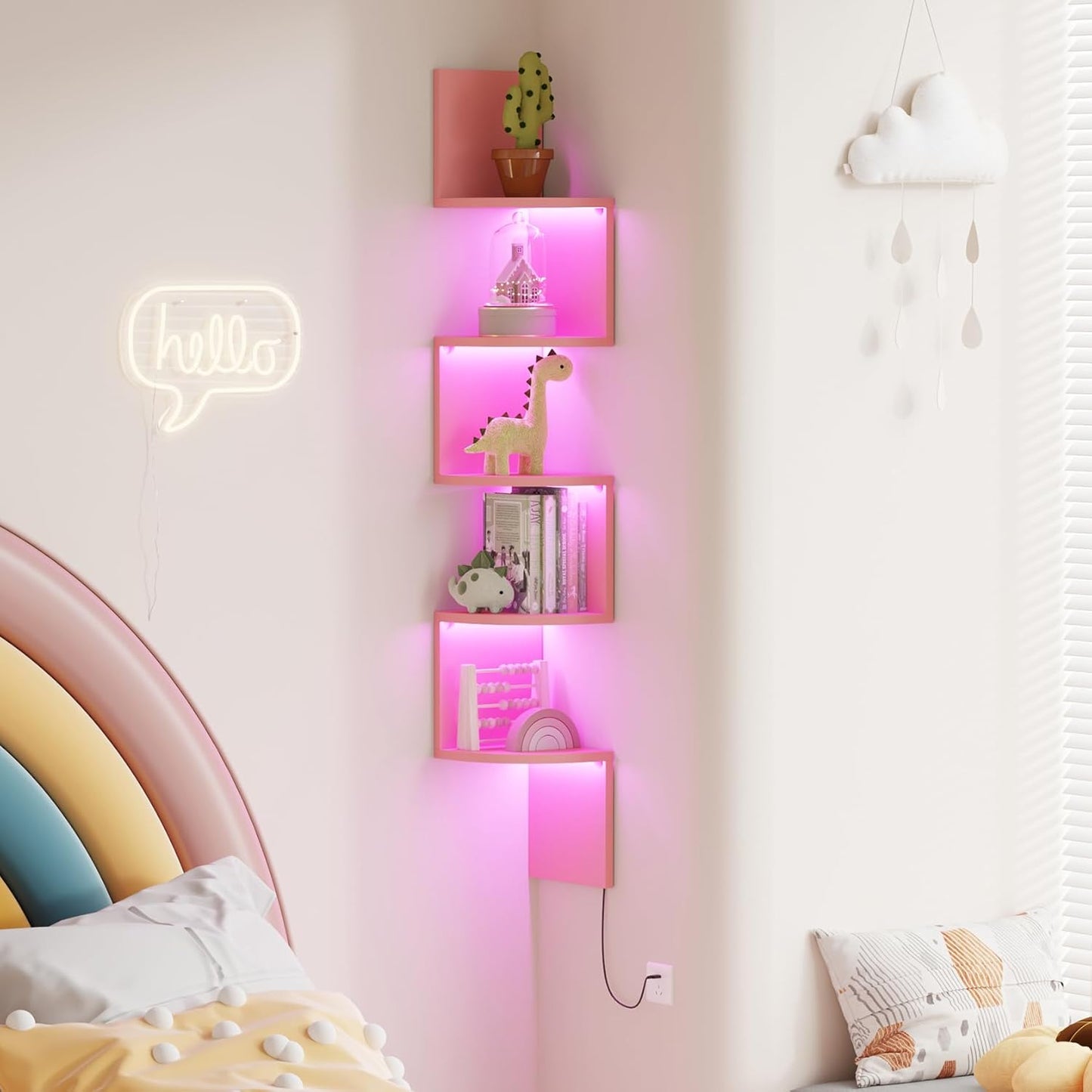 Corner Shelf Wall Mount with LED Light, 5 Tier Floating Corner Bookshelf, Plant Shelf for Bedroom, Floating Shelves for Wall, Display Stand for Living Room, Bathroom, Home Office, Pink