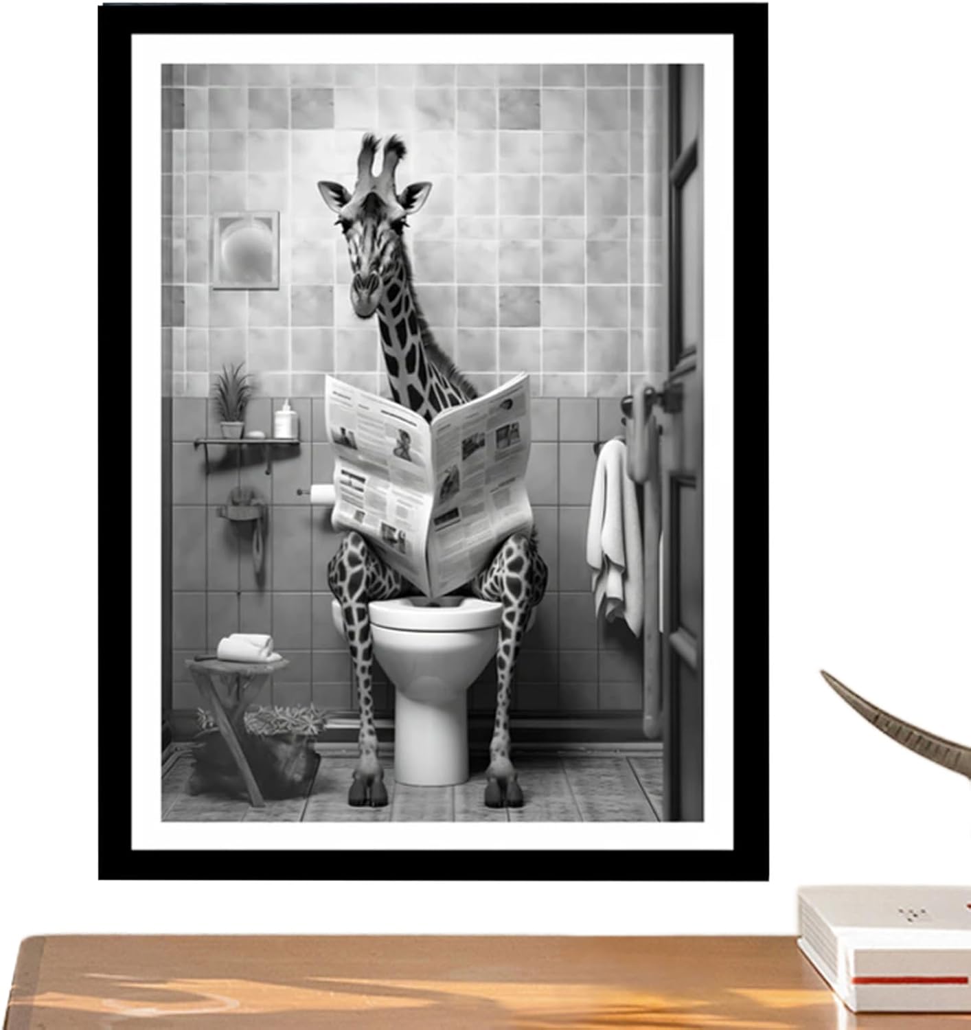 Giraffe Decor - Funny Bathroom Art | Black and White Funny Canvas Wall Art with Giraffe Reading Newspaper On Toilet Poster for Restroom Decor, Home Bathroom, Washroom, Hotel and Apartment Wall Decorat