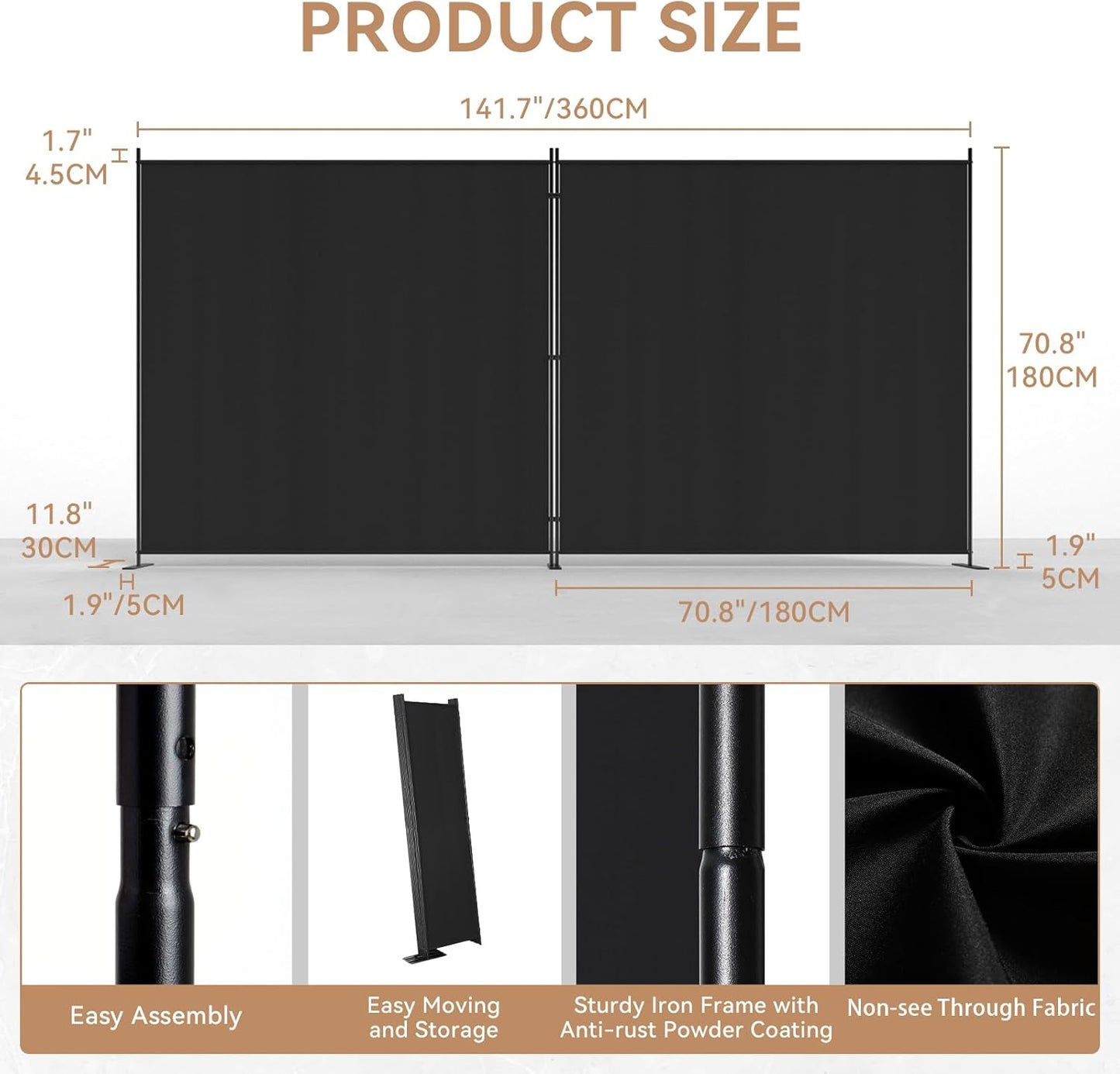 C-Hopetree 2 Panels Room Divider, 6 Ft Tall Indoor Folding Privacy Screen, Portable Partition Separator, Freestanding Separation Temporary Wall for Office, Bedroom, 142" W X 71" H, Black