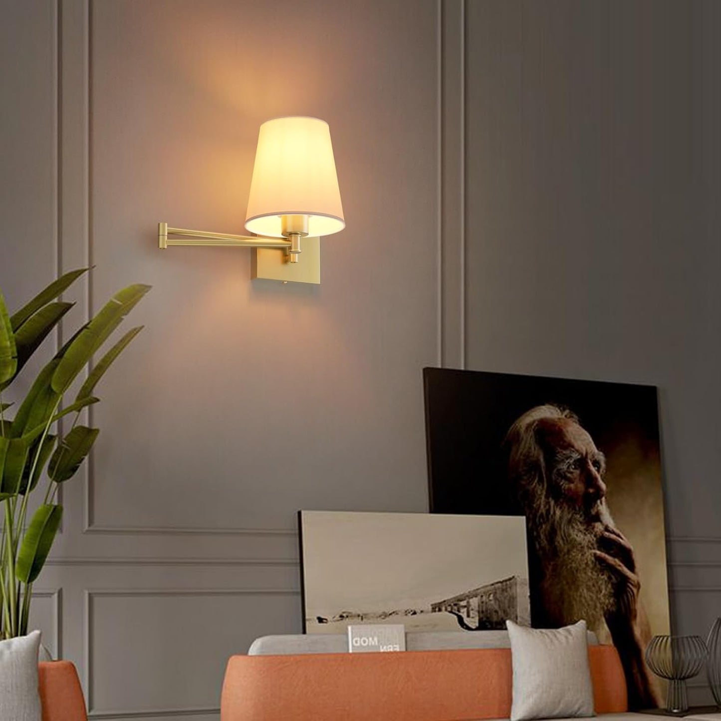 Aipsun Gold Wall Sconce Set of 2, Swing Arm Wall Lamps, Modern Bedroom Wall Sconce Fixtures with Fabric Lampshade for Reading Hallway Living Room(Exclude Bulb)