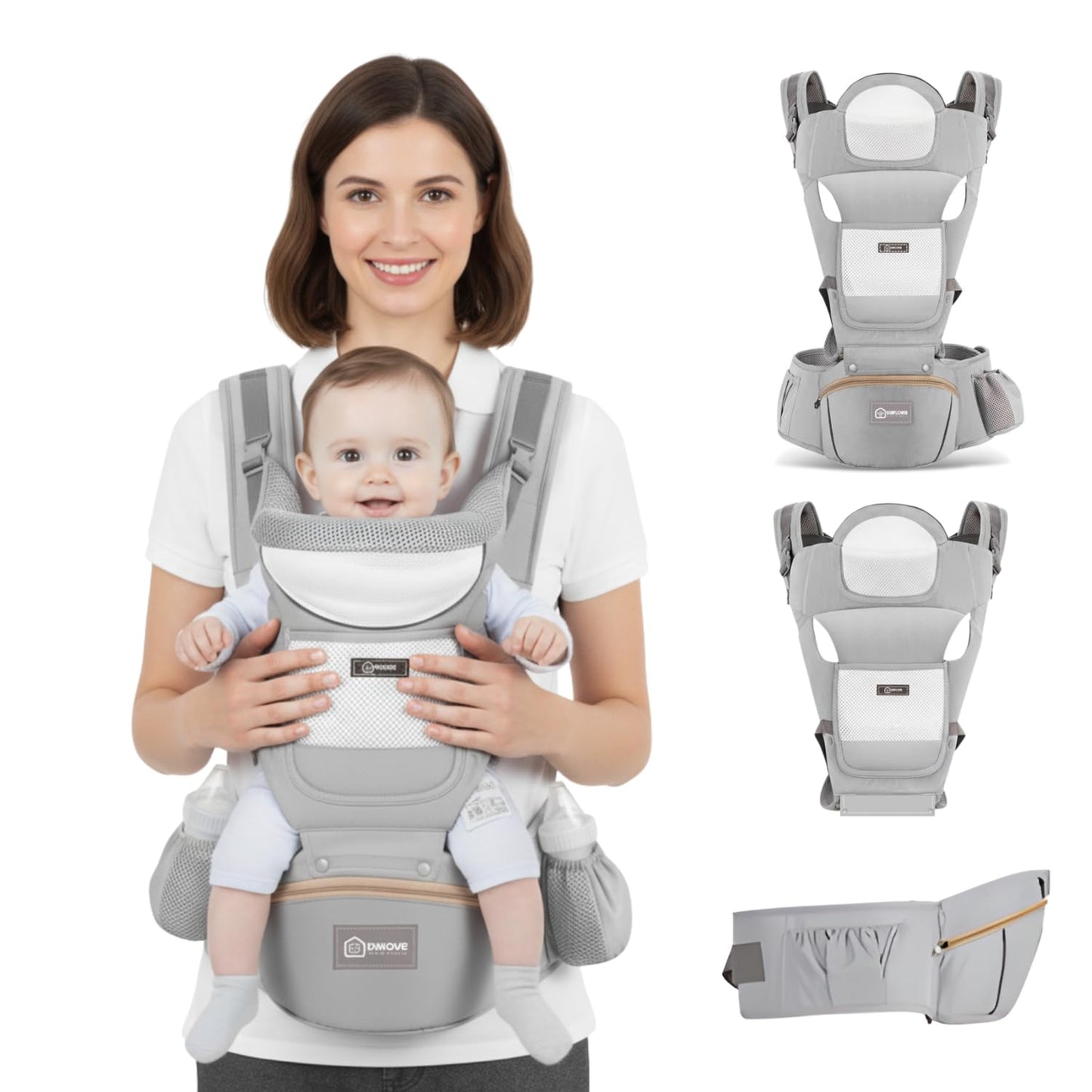 Baby Hip Carrier with Detachable Hip Seat and Head Support, 6 in 1 Toddler Carrier M-Shape Ergonomic Baby Carrier Newborn to Toddler, Adjustable Shoulder Straps, Bottle Holder & Storage Pocket - Grey