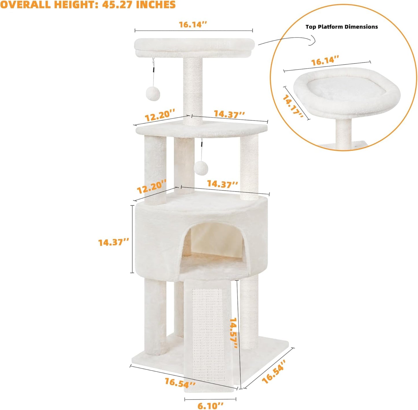 45in Cat Tree Tower with Big Condo for Indoor Kitten,Cat Tower with Scratching Post,Scratching Board and Cat Toys,Multi-Level,Small Space,Transformer Cat Tree, Beige(New)
