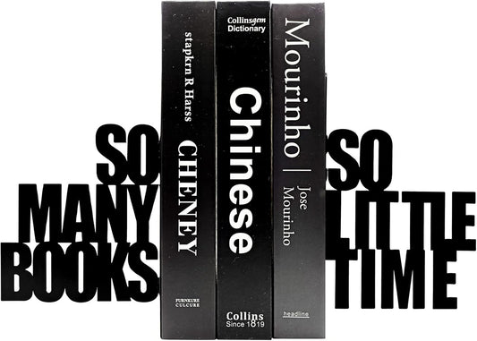 So Many Books, So Little Time Bookends, Decorative Metal Book Ends Supports for Shelves, Heavy Duty Bookend Holder