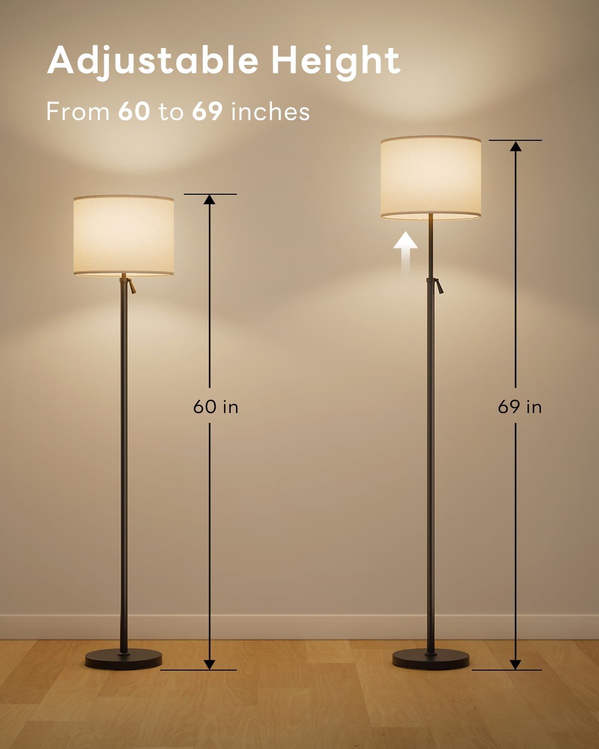 Floor Lamp for Living Room with RGBCW Color Changing Bulbs Dimmable, Adjustable Height Standing Lamp with Remote Control, 10W 1200 Lumen, Tall Lamp for Living Room, Bedroom, Office, Black