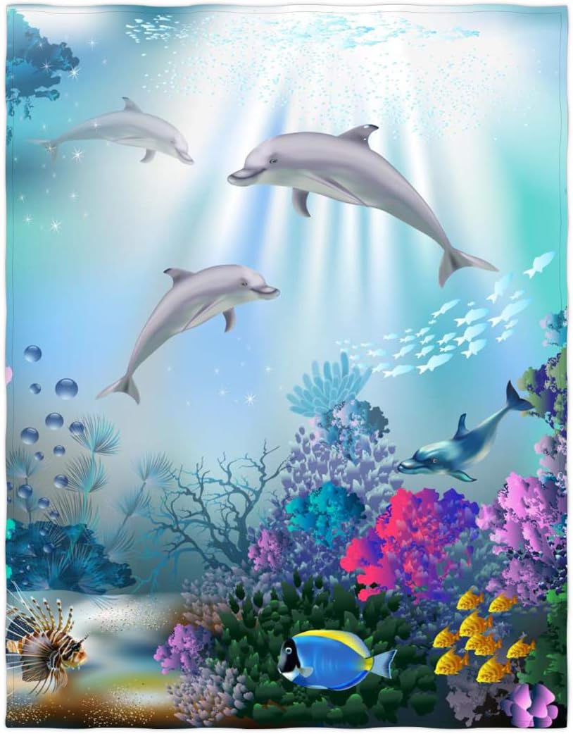 QH 60 x 80 Inch Dolphin Underwater World Pattern Super Soft Throw Blanket for Bed Sofa Lightweight Blanket for All Seasons