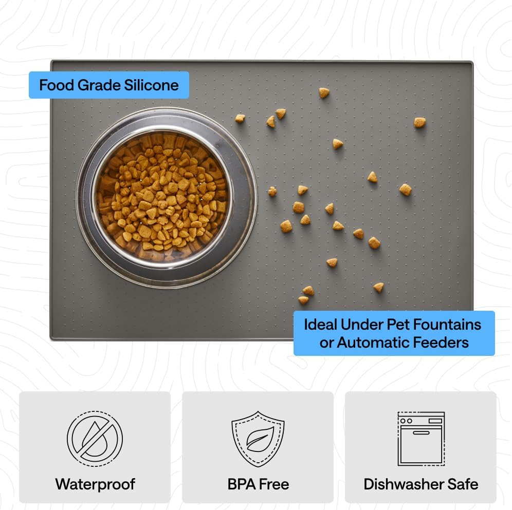 GORILLA GRIP 100% Waterproof Raised Edge BPA Free Silicone Pet Feeding Mat, Dog Cat Food Mats Contain Spills Protects Floors, Placemats for Cats and Dogs Water Bowl, Pets Accessories 18.5x11.5 Gray