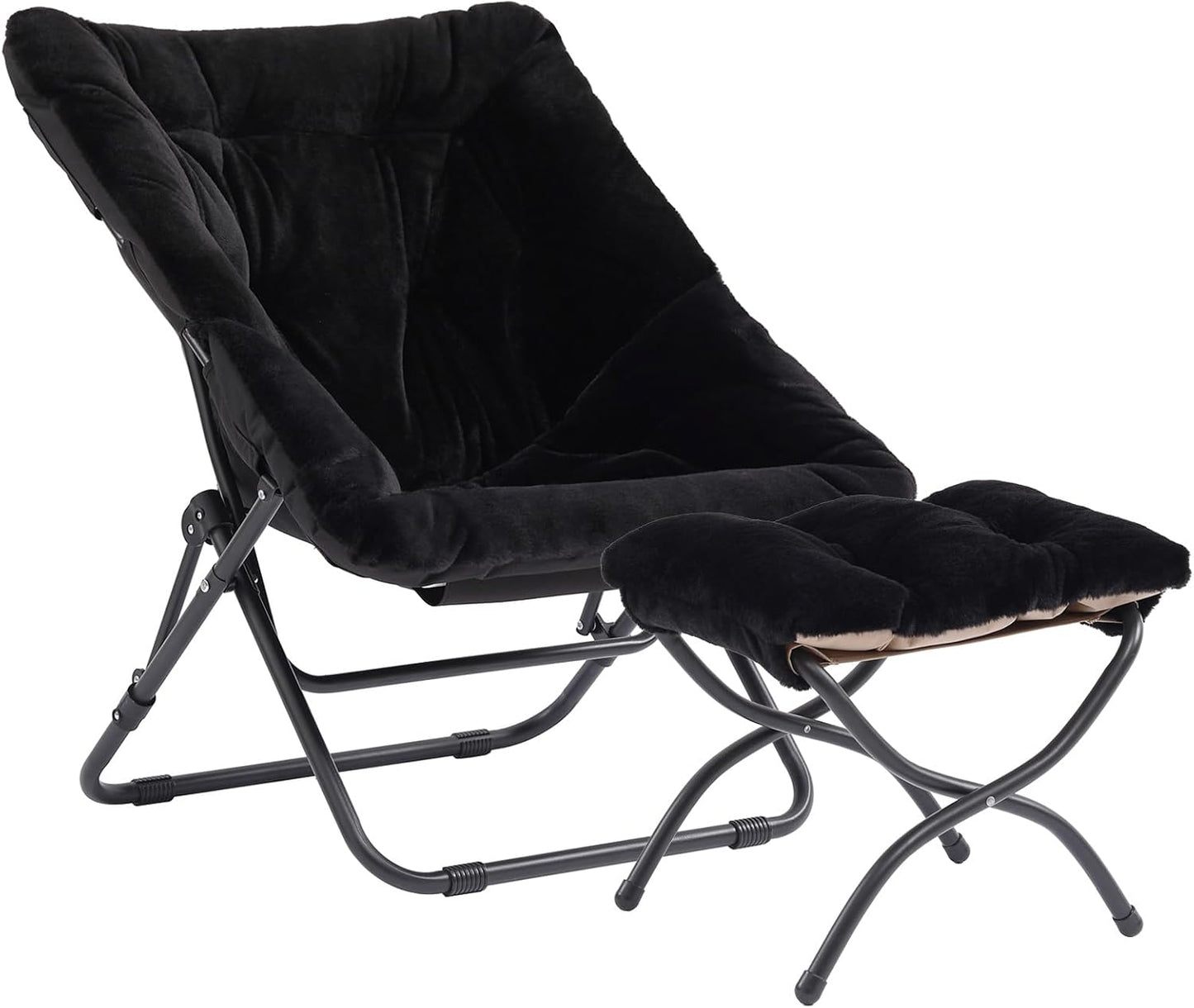 Oversized Folding Faux Fur Chair with Ottoman, X-Large Soft Saucer Chair, Foldable Metal Frame for Bedroom, Living Room, Balcony (Black)