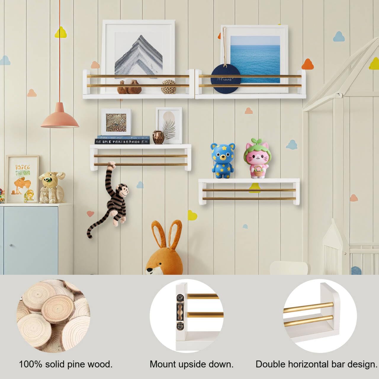 Nursery Wall Book Shelves Set of 4, 16" Solid Pine Wood Floating Book Ledges with Dual Safety Rails, Wall Mounted Kids Bookshelf for Baby & Toddler Books, Toys & Decor, Reversible Install, White/Gold