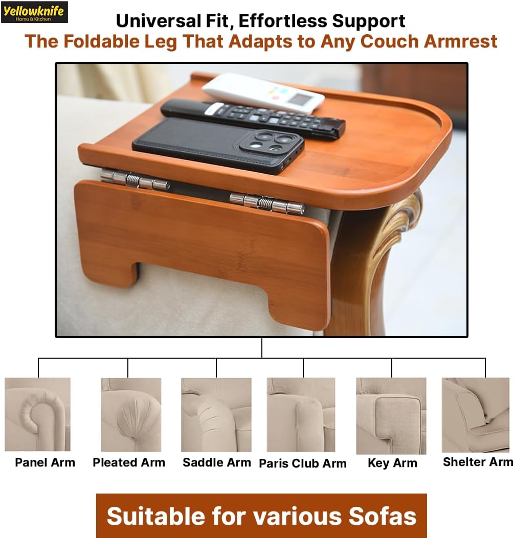 Premium Bamboo Sofa Arm Tray Table -Wooden Couch Arm Tray & Clip-on Sofa Tv tray -Non-Slip Couch Armrest table Caddy For Drinks, Snacks & Dinners -Foldable & Flexible for different Sofa Armrest Shapes
