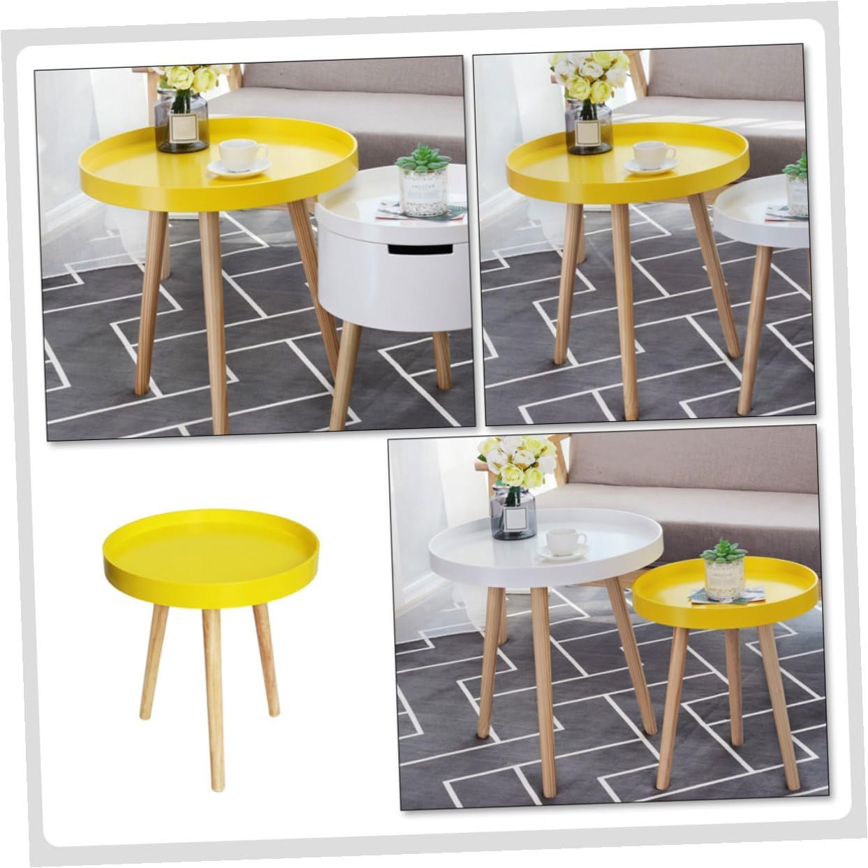 FAVOMOTO Nordic Style Mini Round Indoor Coffee Table Yellow Small Sofa Side Table with Tray Creative Household for Living Room and Bedroom