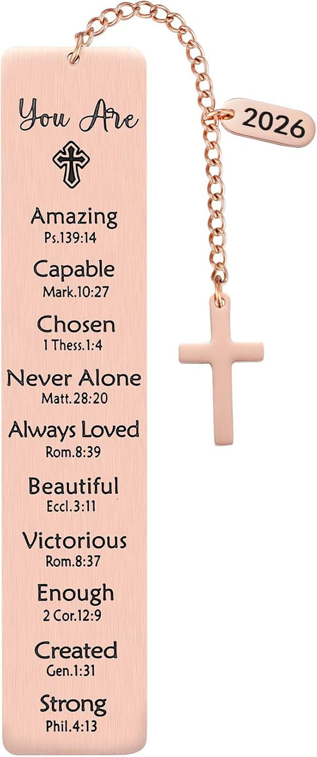 Christian Metal Bookmark with Bible Verses, Faith-Based Gift with 2026 Charm, Faith Affirmation Gift, Motivational Religious Scripture Reading Accessory for Women Men, Rose Gold