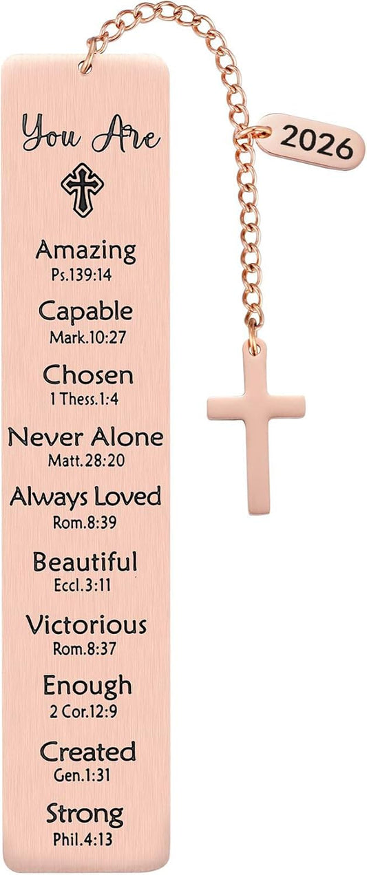 Christian Metal Bookmark with Bible Verses, Faith-Based Gift with 2026 Charm, Faith Affirmation Gift, Motivational Religious Scripture Reading Accessory for Women Men, Rose Gold