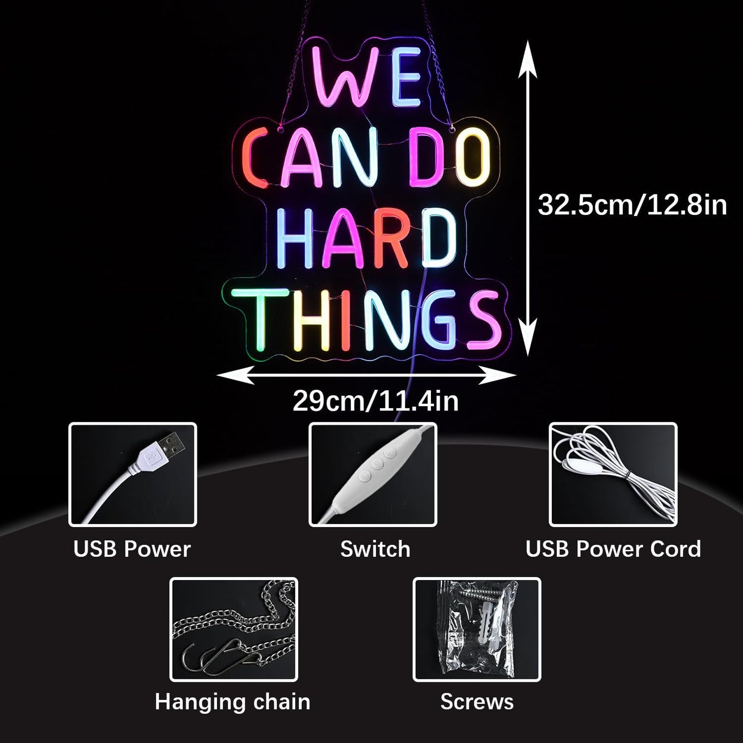 We Can Do Hard Things Neon Sign for Teachers – Dimmable Multicolor Letter Classroom Light with Wired Dimmer, 11.4×12.8 in, Includes 4 Wall Anchors – Back to School Teacher Gift