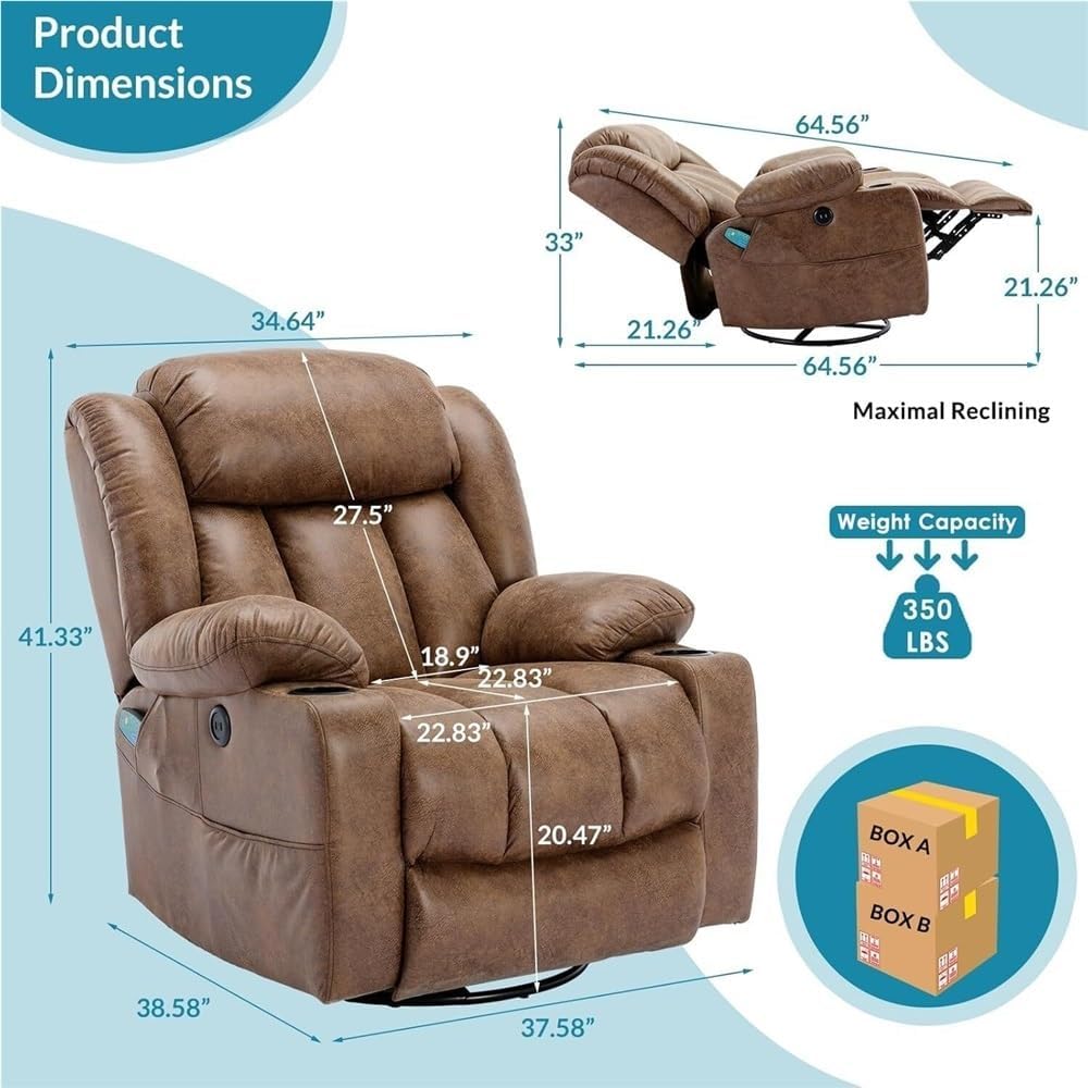 Power Swivel Glider Recliner with Lumbar Heating & Massage, Large Electric Rocking Chair with USB Charging, Cup Holder & Storage Pockets – Nursery-Ready Comfortable Recliner for Living Room
