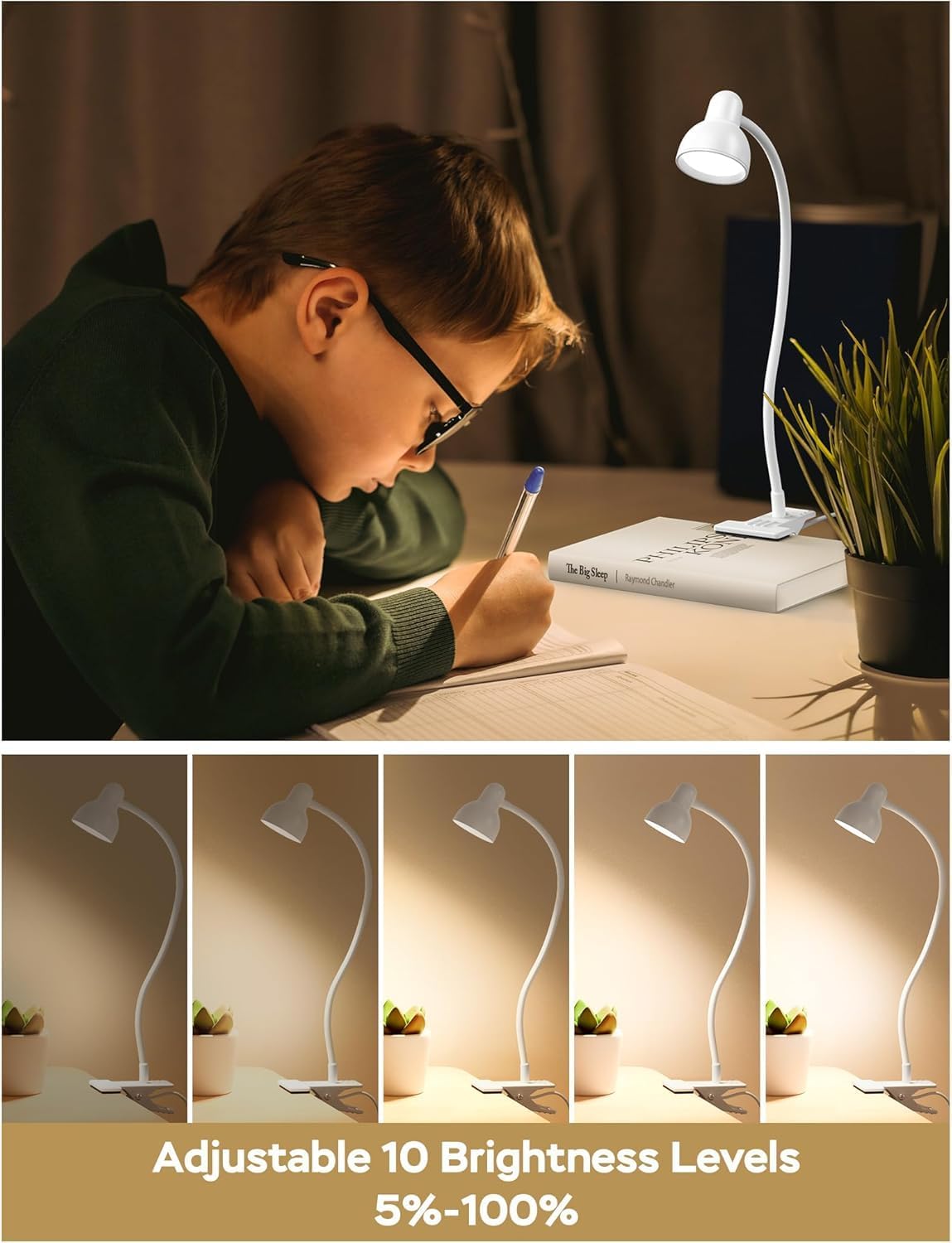 Clip on Lamp USB Reading Light, 3 Color Modes, 10 Brightness Dimmable, 360° Flexible Desk Lamp with Clamp, Eye Care Clip on Light for Bed Desk Headboard Home Dorm White