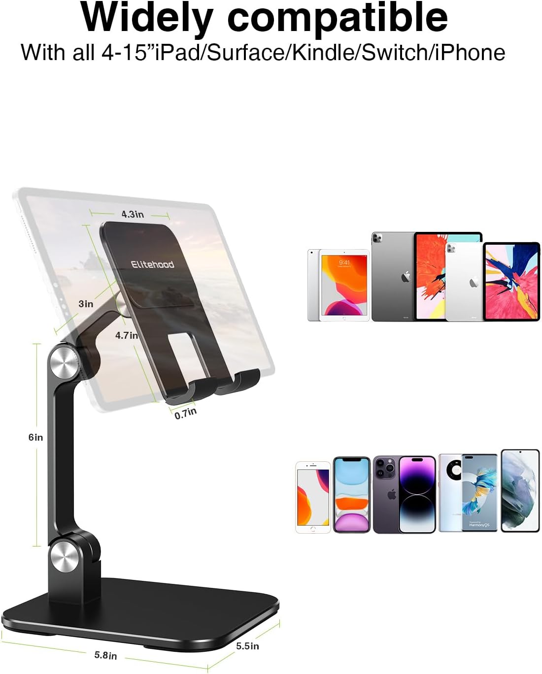 elitehood Aluminum iPad Stand for Desk [Ultra-Stable & Sturdy], Height Adjustable Tablet Stand, Portable Tablet Holder Dock for Home Office, Compatible with iPad Pro 12.9, iPad Air Mini 6 5 4 3, Black