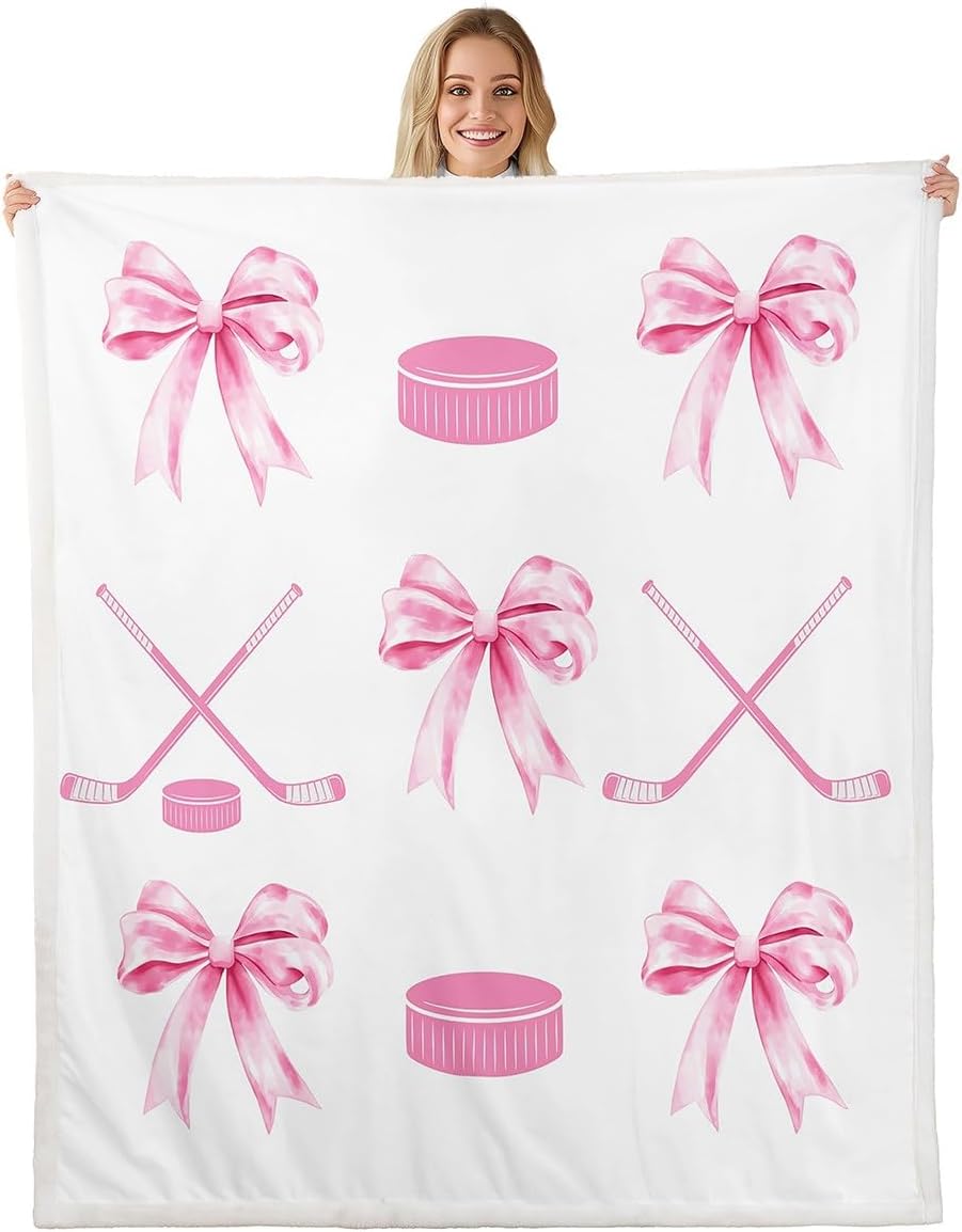Castle Fairy Pink Ice Hockey Flannel Blanket,Kawaii Sport Girls Throw Blanket,Dreamy Prncess Bowknot Fleece Blankets,Sport Bow Themed Fuzzy Blanket for Bed Sofa Couch,50"x60"
