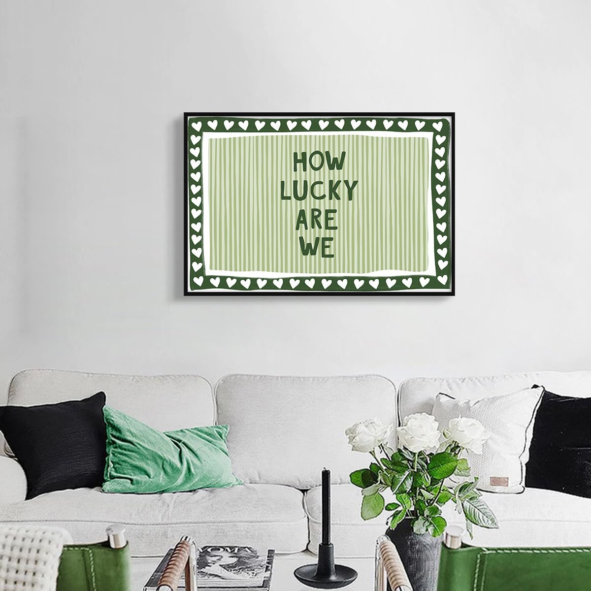 Wodkodnxy How Lucky Are We Canvas Wall Art, Sage Green Stripe Quote Poster, Daily Positive Affirmations Wall Decor, Lovely Hearts Pictures Print, Preppy Typography Picture for Dorm 12x16in Unframed