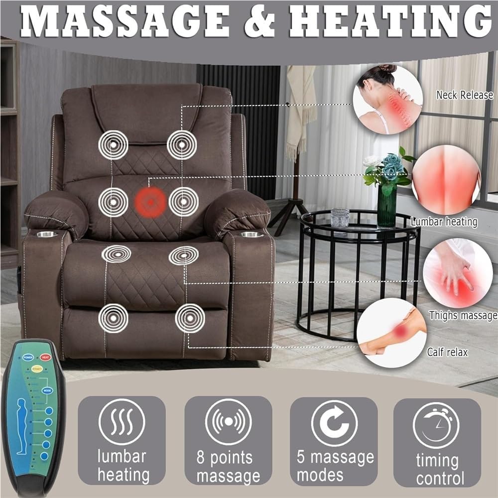 Power Lift Recliner with Heat & Massage – Big and Tall Oversized Sofa with Infinite Position Reclining, Cup Holders, USB Ports, Large Comfort Chair for Elderly & Home Theater