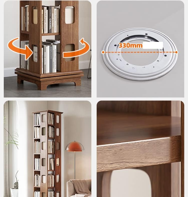 Solid Wood Rotating Bookshelf 360-degree Bookcase, Simple Space-Saving Creative Small Shelf for Living Room MINGPING (Color : 44x44x125cm Walnut Color) (44x44x132cm White)