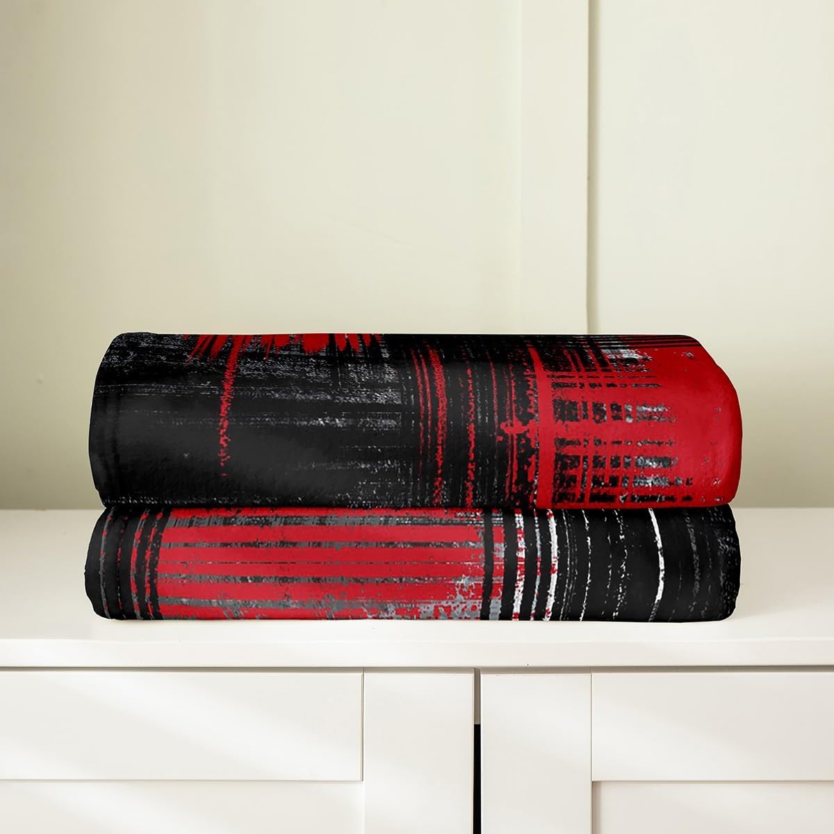 Feelyou Abstract Flannel Fleece Blanket Set Modern Abstract Art Plush Throw Blanket, for Sofa Couch Red Black Grey Pattern Bedding All Season,Bed Blanket Set Room Decor Queen 90"x90"