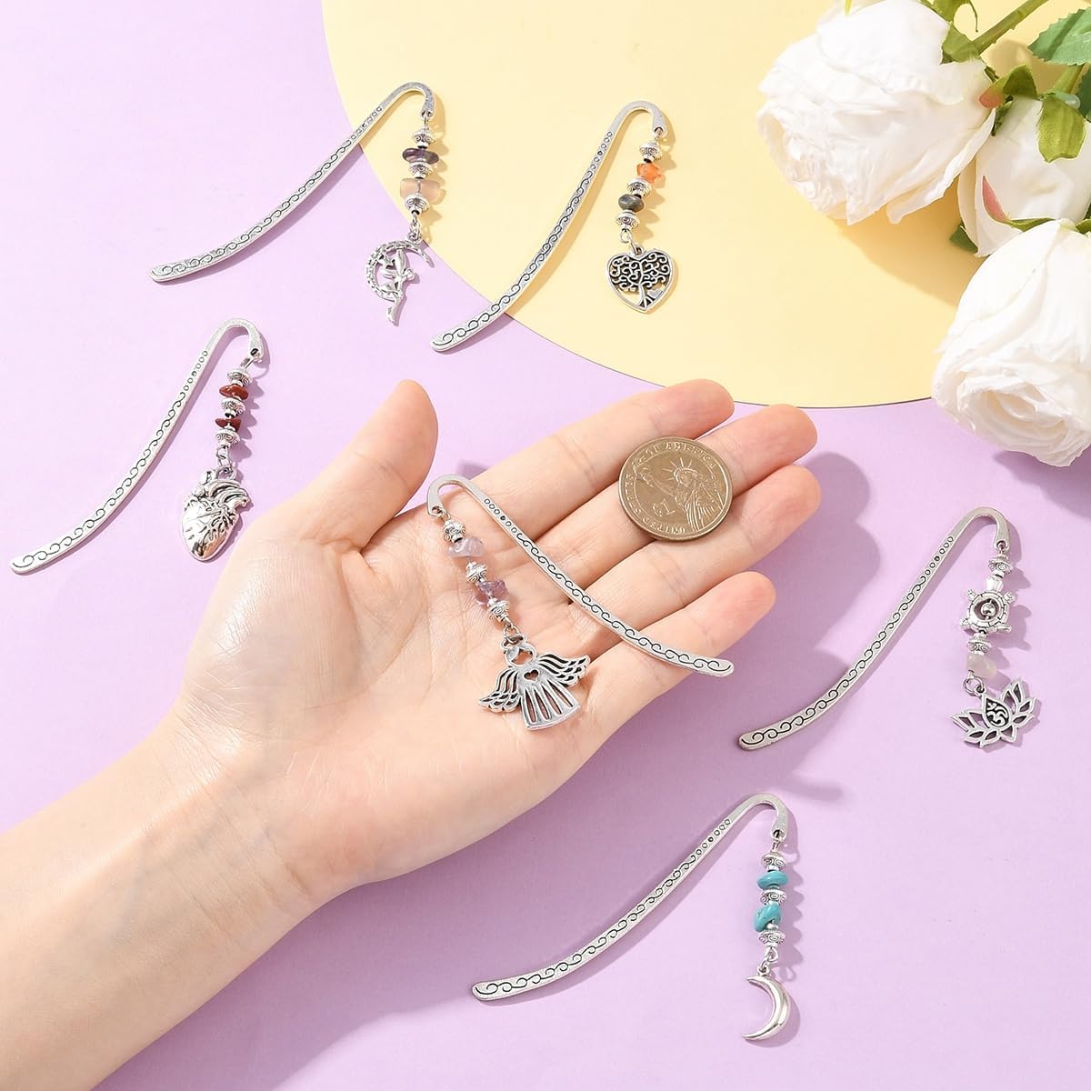 Tibetan Style Bookmarks Set, 15 Pieces Metal Alloy with Natural Crushed Stone Beads, Vintage Decorative Book Markers with Celestial Charms for Reading