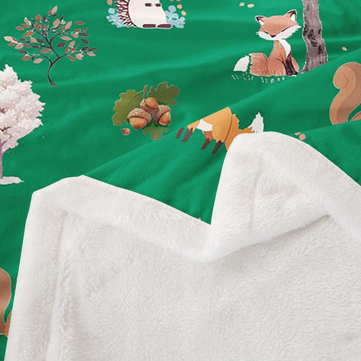 Feelyou Woodland Forest Animals Sherpa Throw Blanket for Couch Green Cartoon Animal Super Soft Cozy Fleece Forest Theme Blanket for Winter, Plush Throw Baby 30"x40" All Season