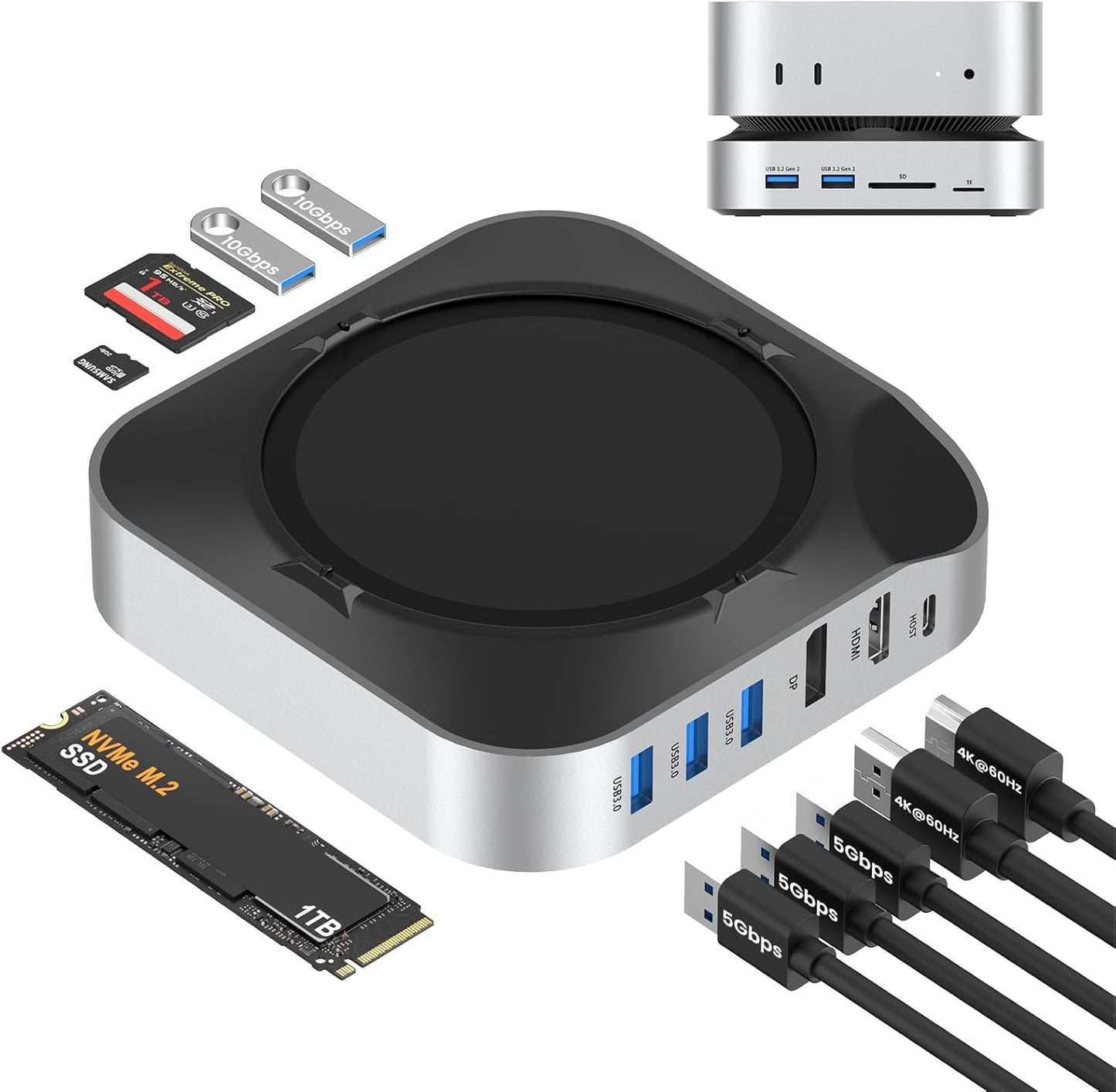 Mac mini M4 Dock with NVMe SSD Enclosure, Docking Station Dual Monitor for Mac mini M4/M4 Pro, 6-Port USB-C Hub with 4K60Hz HDMI, DisplayPort, SD/TF Card Reader, 10Gbps USB-A