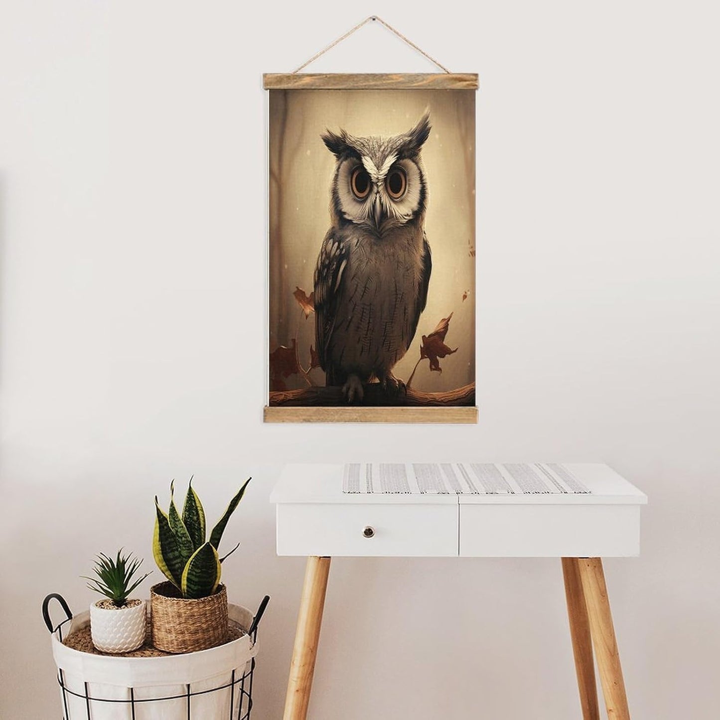 Vintage Cute Owl Poster with Wooden Frame Personalized Linen Hanging Scroll Painting Rustic Wall Hanging Illustrative Modern Artwork Decor for Home Living Room Bedroom Office