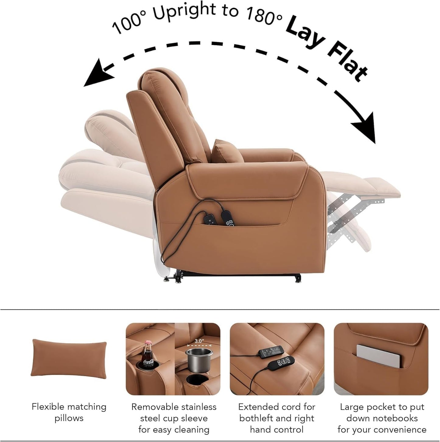 Oversized Power Lift Recliner Chair for Elderly, Electric Lay Flat Sofa with Massage and Heat, 2 Cup Holders and USB Ports, Modern Leather Ergonomic Lounge Chair