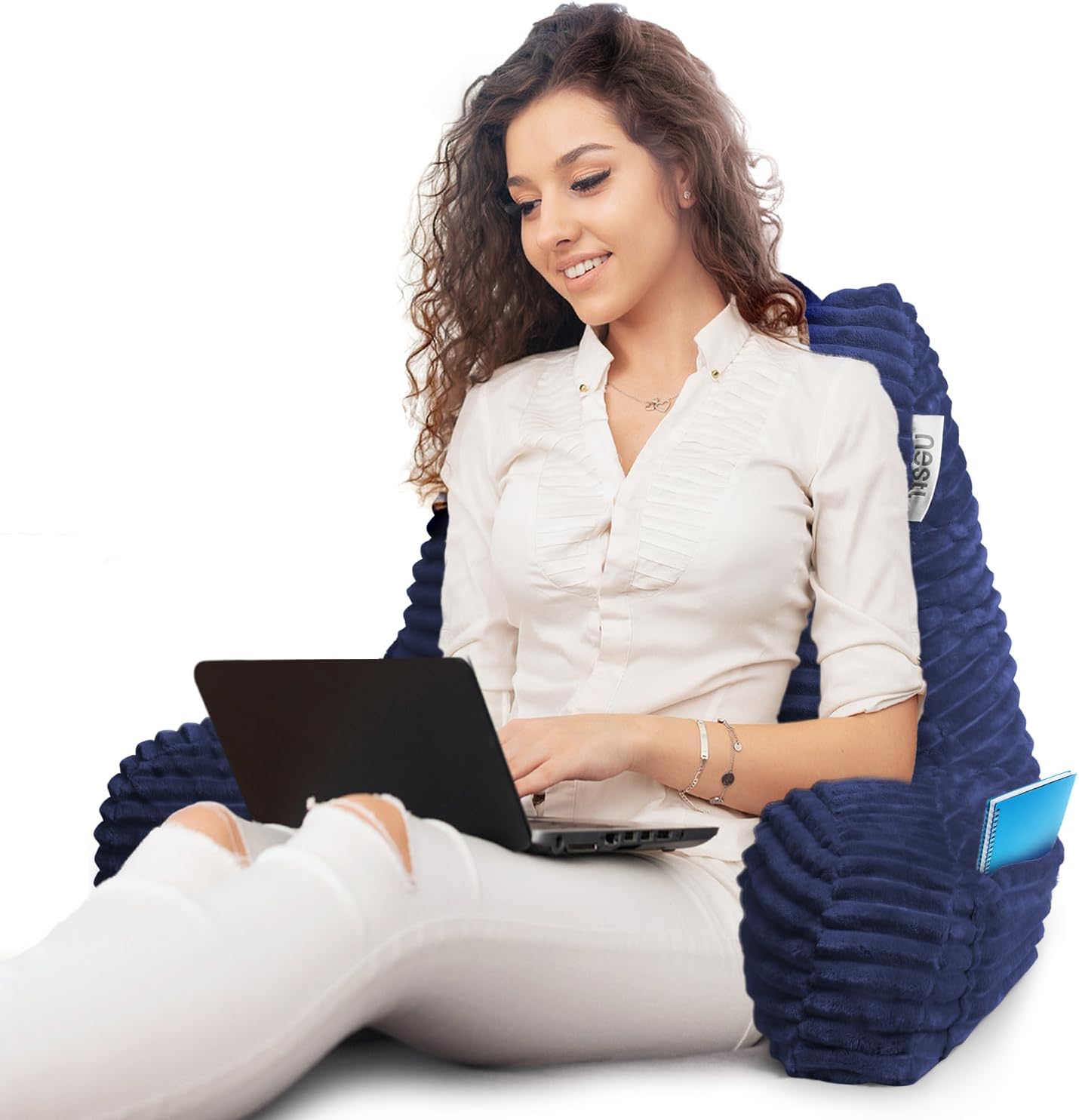 Nestl Reading Pillow with Shredded Memory Foam, Luxe Cut Plush Back Pillow for Sitting Up in Bed, Back and Arms Adjustable Support for Adult & Teens, Backrest Pillows with Washable Cover Navy Blue