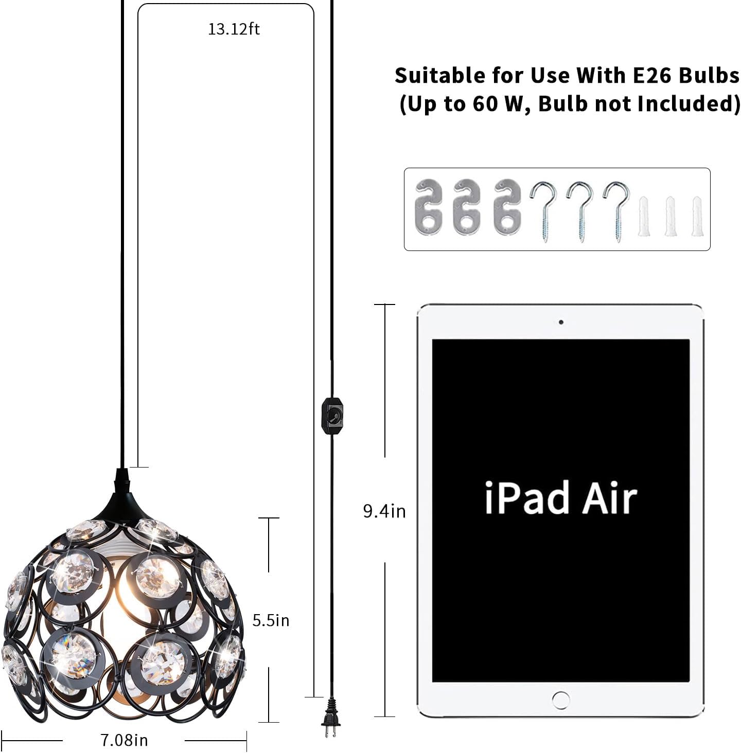 TISLYCO Black Plug in Chandelier, Crystal Hanging Lights with Plug in Cord 13.12ft and On/Off Switch, Hanging Pendant Light for Kitchen Island Bedroom Reading Area
