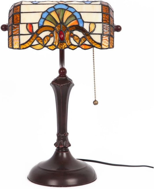 Bieye L10516 Baroque Tiffany Style Stained Glass Banker Table Lamp with 10-inch Wide Lampshade for Working Reading, Table Lamp, 17 inch Tall