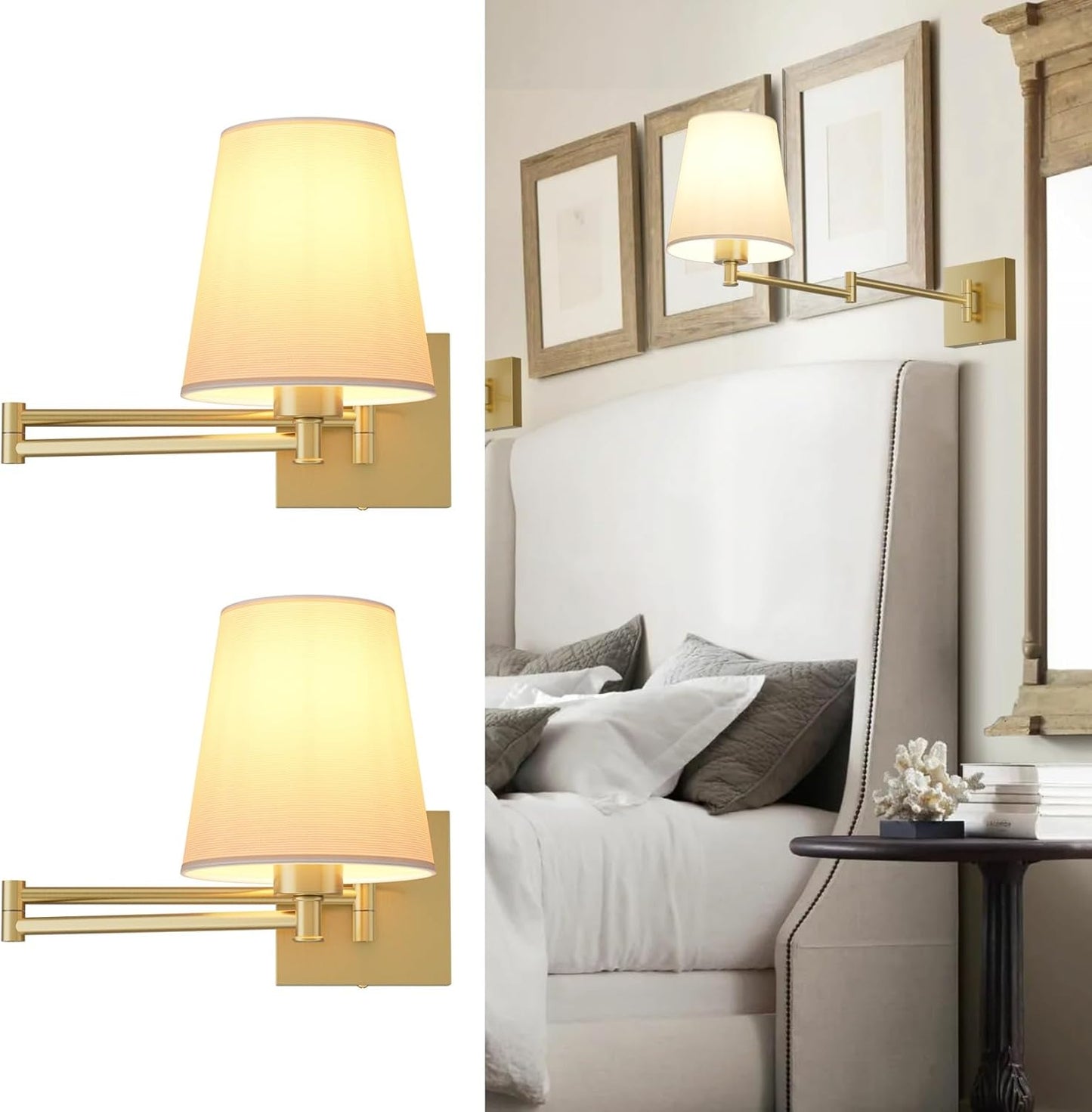 Aipsun Gold Wall Sconce Set of 2, Swing Arm Wall Lamps, Modern Bedroom Wall Sconce Fixtures with Fabric Lampshade for Reading Hallway Living Room(Exclude Bulb)