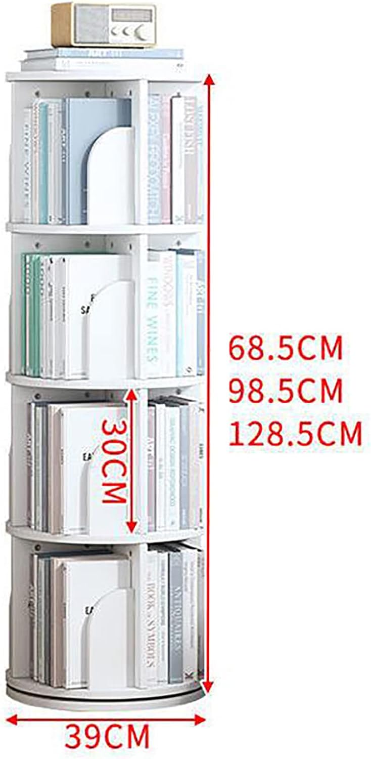 Wooden Rotating Bookshelf,Tall Floor Standing Bookcase,Multi-Functional Storage Display Rack Modern Open Shelves for Home Office Living Room Study (White 4 Tier 39x39x128.5cm)