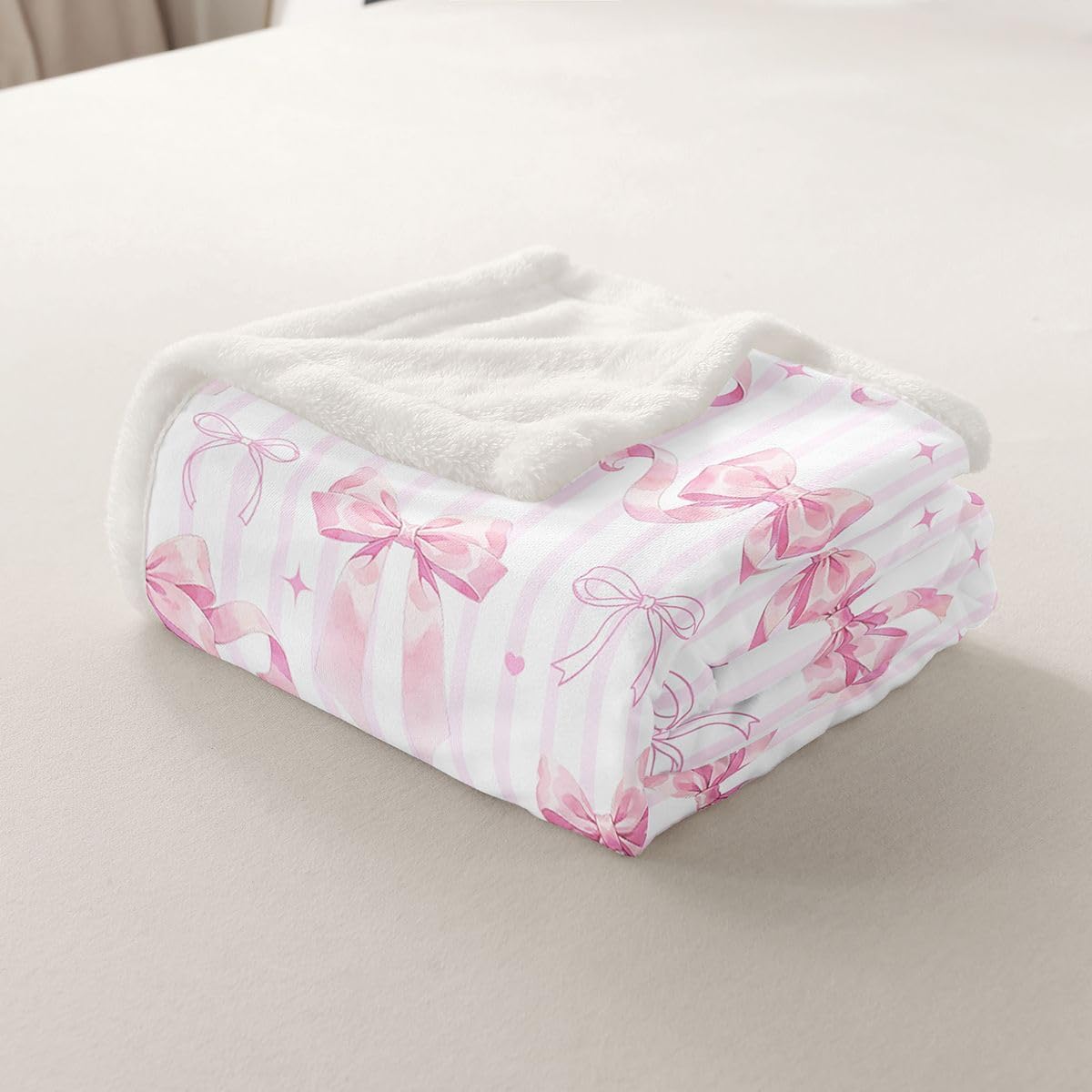 Feelyou Pink Bow Sherpa Throw Blanket for Couch Cute Ribbon Bowknot Super Soft Cozy Fleece Coquette Blanket for Winter, Plush Throw Aesthetic Baby 30"x40" Stripe Heart Pattern All Season