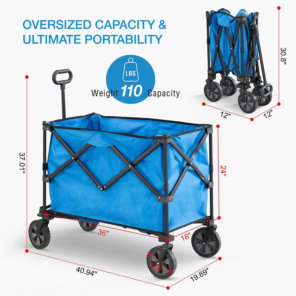 Sunjoy Collapsible Wagon with 255L Large Capacity, Utility Foldable Wagon Cart, Heavy Duty Beach Wagon with Big Wheels, Portable Garden Cart for Camping Fishing Sports Shopping, Blue